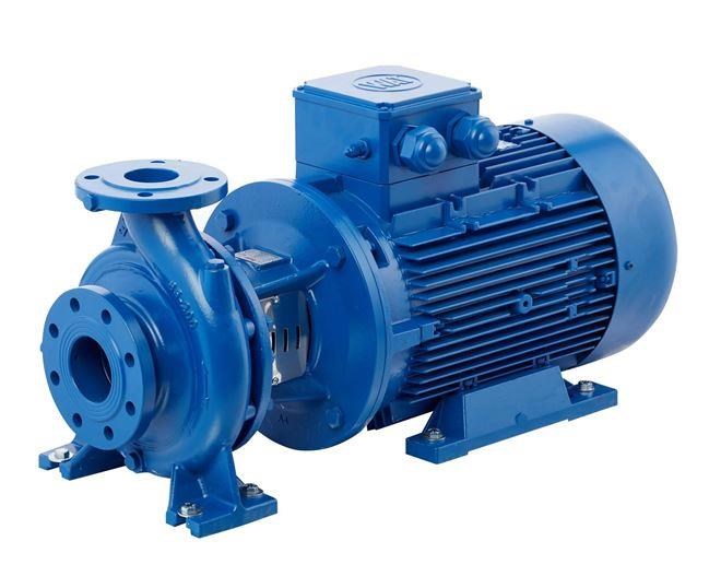 Blue centrifugal pump side view